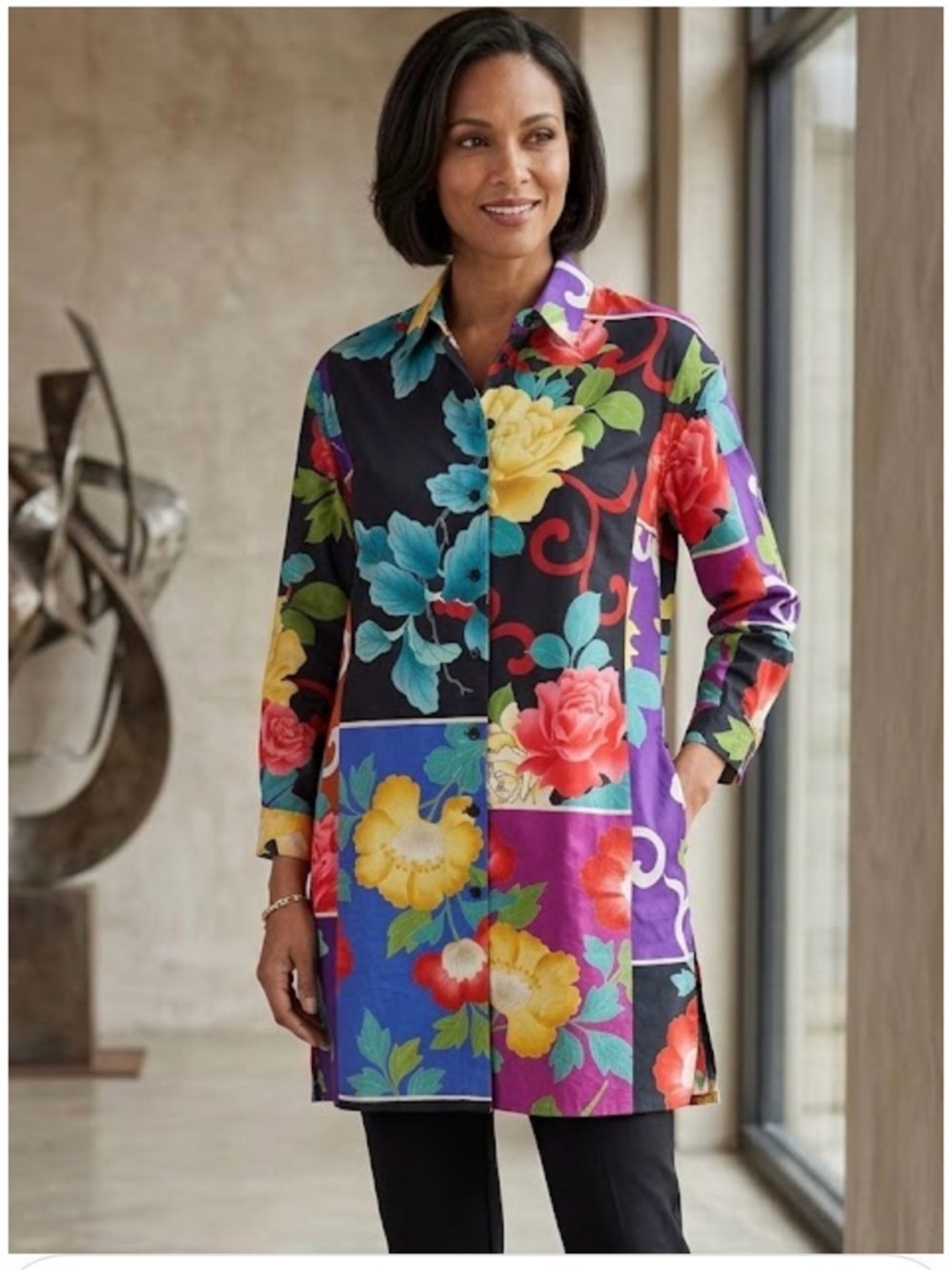 ETRO Italy Floral Patchwork Button Down Tunic Shirt Dress - Plus Size - 26" P2P